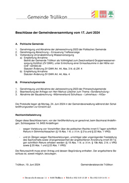 Beschlüsse der Gemeindeversammlung vom 17. Juni 2024